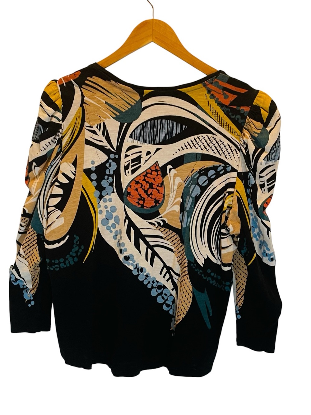 Chico's Abstract Tropical V-Neck Puff SleeveTop Black & Multicolor Leaf Print XL - Picture 6 of 8
